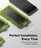 [Bundle] Galaxy A57 | Fusion - A smartphone with a neon green installation tray for applying a tempered glass screen protector.