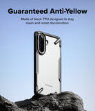 [Bundle] Galaxy A57 | Fusion-X - Clear phone case with black TPU edges standing on a rock against a blue sky background.