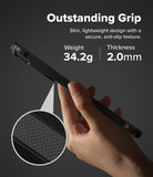 [Bundle] Galaxy A57 | Fusion-X - Hand holding a slim black phone case with a textured grip, highlighting 34.2g weight and 2.0mm thickness.