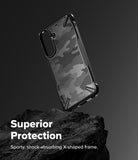 [Bundle] Galaxy A57 | Fusion-X - Black camouflage phone case with a shock-absorbing X-shaped frame resting on a dark rock.