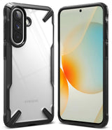 Galaxy A57 5G Case | Fusion-X - Front and back views of a Samsung phone in a clear, rugged black protective case.