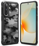 Galaxy A57 5G Case | Fusion-X - Black camouflage phone case shown from front and back with a bright abstract screen display.