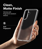 [Bundle] Galaxy A57 | Fusion - Hand holding a clear, matte-finish phone case against a black background with text highlights.