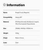 Galaxy A57 5G Case | Fusion Magnetic - Information table listing product name, compatibility, material, size, weight, origin, and color.