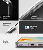 Galaxy A57 5G Case | Fusion Magnetic - Four-panel view showing micro-dot pattern, tactile buttons, magnets, and precise port cutouts.