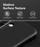 Galaxy A57 5G Case | Onyx - Close-up of black phone case with text highlighting anti-fingerprint, easy-to-clean, and premium TPU features.