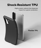 Galaxy A57 5G Case | Onyx - A flexible black TPU phone case being pulled away from a silver smartphone to show elasticity.