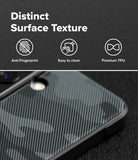 Galaxy A57 5G Case | Onyx - Close-up of a textured black phone case with icons highlighting anti-fingerprint and easy-clean features.