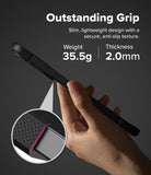 Galaxy A57 5G Case | Onyx - Hand holding a slim black phone case with a textured grip, highlighting 35.5g weight and 2.0mm thickness.