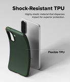 Galaxy A57 5G Case | Onyx - A flexible dark green TPU phone case being pulled away from a silver Galaxy A57 5G smartphone.