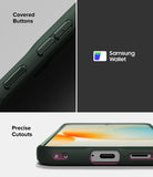 Galaxy A57 5G Case | Onyx - Close-up of dark green phone case showing covered buttons, Samsung Wallet compatibility, and precise port cutouts.
