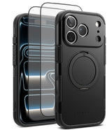 [Bundle] iPhone 17 Pro Max | Alles - Black protective phone case with a circular stand and two glass screen protectors.