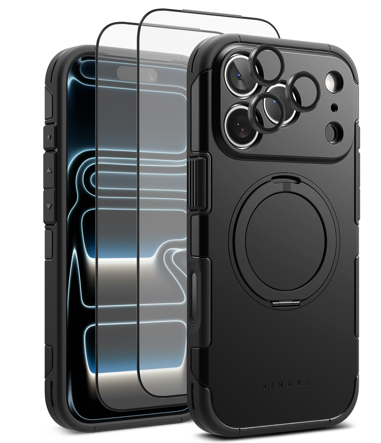[Bundle] iPhone 17 Pro | Alles - Black protective phone case with MagSafe ring, screen protector, and camera lens covers.