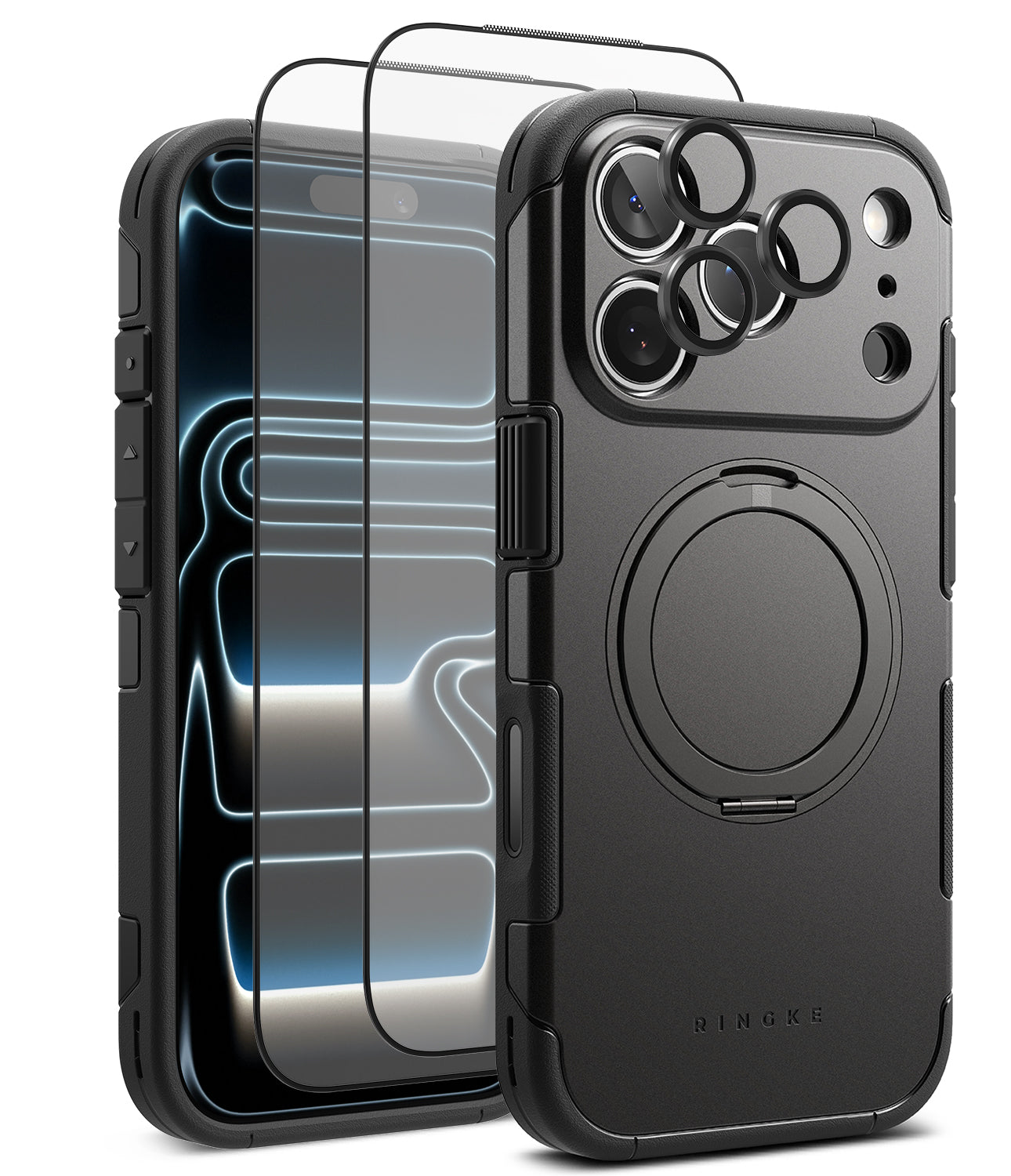[Bundle] iPhone 17 Pro | Alles - iPhone 17 Pro | Alles - Black protective phone case with MagSafe ring, screen protector, and camera lens covers.