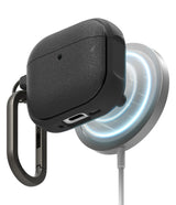 AirPods 4 Case | Onyx Magnetic - Black textured AirPods 4 case with a carabiner attached to a glowing magnetic wireless charger.