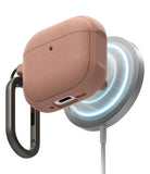 AirPods 4 Case | Onyx Magnetic - Textured rose-gold AirPods 4 case magnetically attached to a wireless charger with a black carabiner.