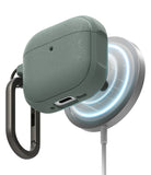 AirPods 4 Case | Onyx Magnetic - Textured sage green AirPods 4 case magnetically attached to a glowing wireless charger.