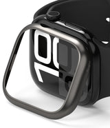 Apple Watch 11 / 10 (42mm) Cover | Bezel Styling - Brushed metallic bezel cover hovering over a black Apple Watch.