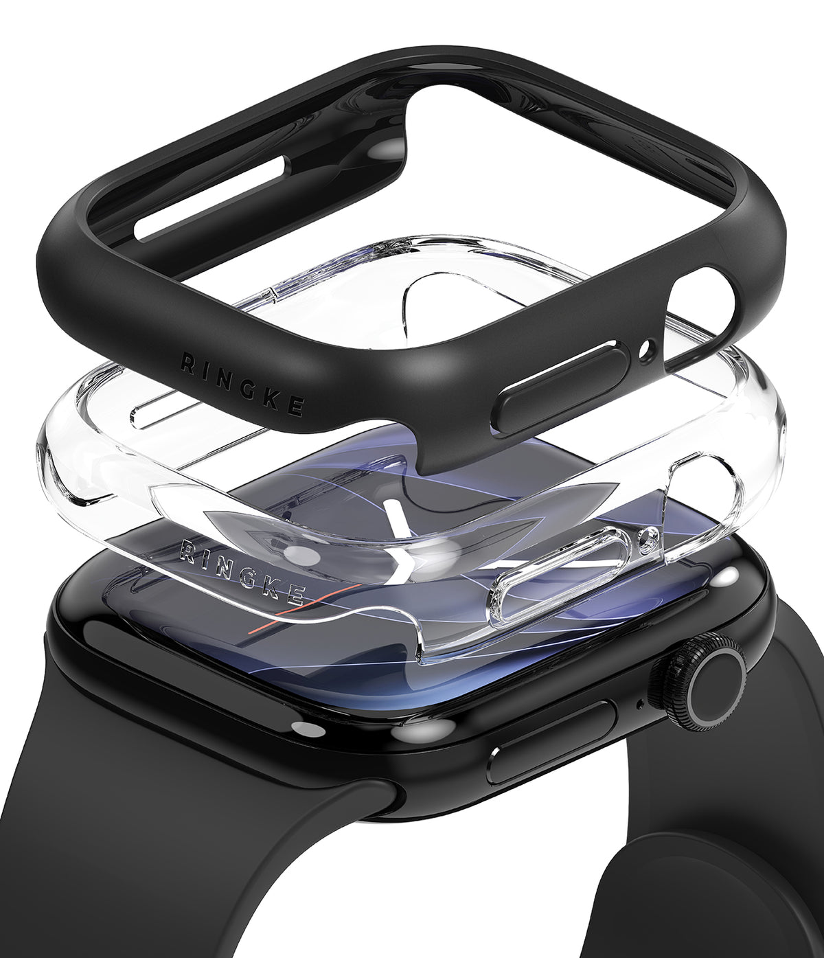 Apple Watch 12 42mm | Slim (2P) - Three transparent and black Ringke watch cases stacked on top of each other around a black smartwatch, shown on a clean white background.