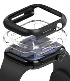 Apple Watch 12 42mm | Slim (2P) - Three transparent and black Ringke watch cases stacked on top of each other around a black smartwatch, shown on a clean white background.
