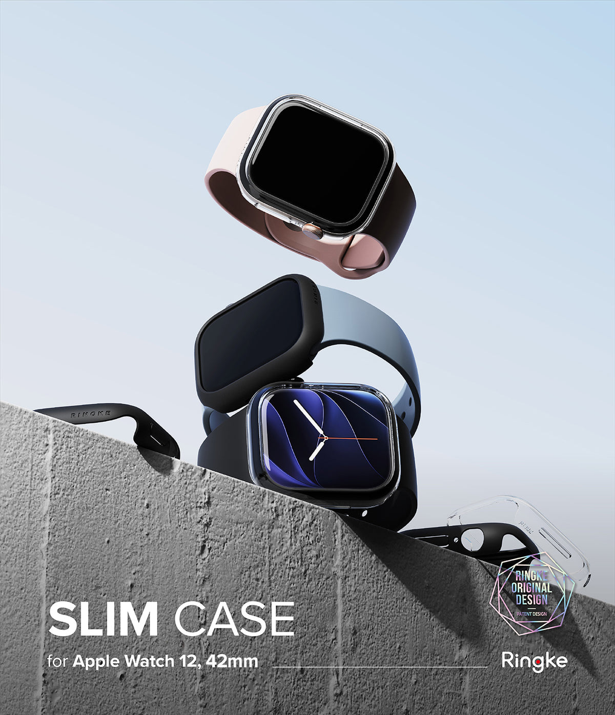 Apple Watch 12 42mm | Slim (2P) - Three slim protective cases for Apple Watch 12, 42mm are shown floating above a concrete ledge against a pale blue sky. The cases are in light pink, dark gray, and black, with the center case fitted on a watch.