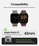 Apple Watch 12 42mm | Slim (2P) - Compatibility graphic for a 42mm Apple Watch 12, showing two watch faces on a light gray background with text noting it is not compatible with Ceramic models and instructions on how to choose the correct size.