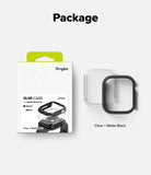 Apple Watch 12 42mm | Slim (2P) - Ringke Slim Case 3-pack packaging and two watch case pieces shown on a light gray background under the heading 'Package'. The packaging is white with a bright yellow-green tab and black text, and the two case pieces are labeled 'Clear & Matte Black'.