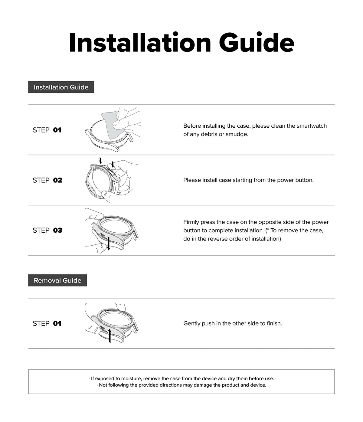 Apple Watch 12 42mm | Slim (2P) - An installation and removal guide sheet with black text and line drawings showing step-by-step instructions for mounting and taking off a smartwatch case on a white background.
