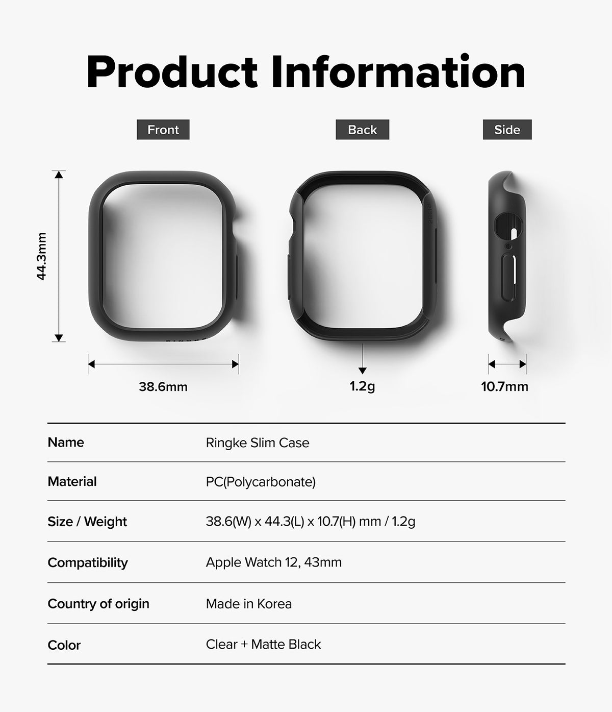Apple Watch 12 42mm | Slim (2P) - Product information diagram for the Ringke Slim Case for Apple Watch 12, showing front, back, and side views with dimensions, weight (1.2g), and a table listing material as PC and color as Clear + Matte Black.