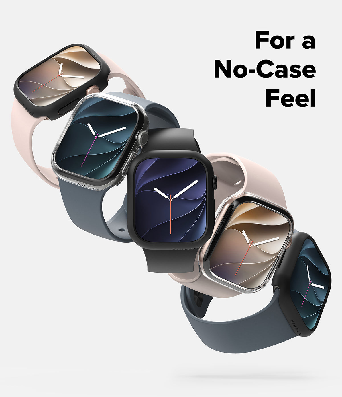 Apple Watch 12 42mm | Slim (2P) - Five smartwatches with square screens and rounded rectangular bands are arranged diagonally on a light gray background, each shown with a transparent protective case partially removed to reveal the band. The bands are in black, dark blue, and pale blush pink tones.