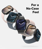 Apple Watch 12 42mm | Slim (2P) - Five smartwatches with square screens and rounded rectangular bands are arranged diagonally on a light gray background, each shown with a transparent protective case partially removed to reveal the band. The bands are in black, dark blue, and pale blush pink tones.