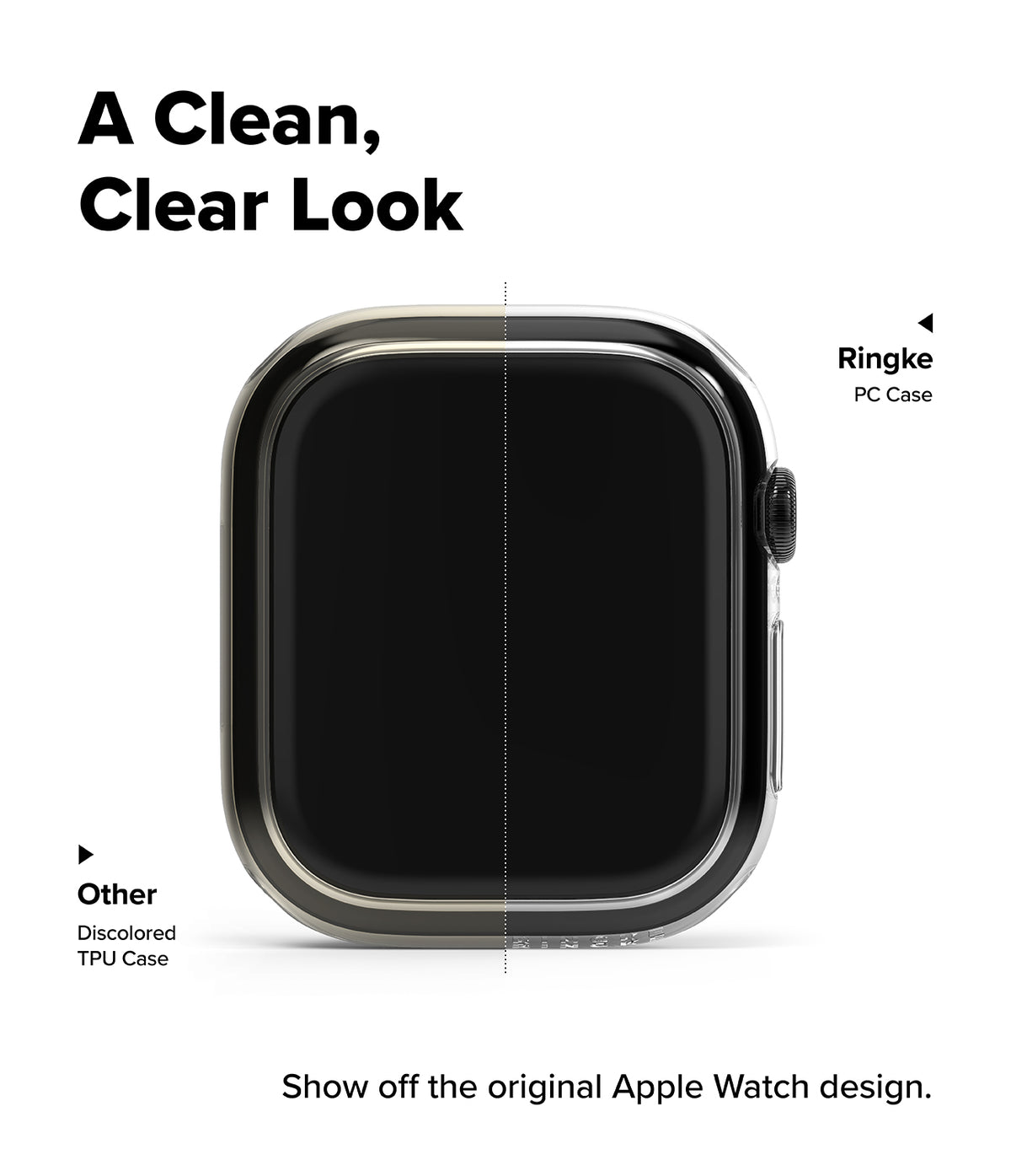 Apple Watch 12 42mm | Slim (2P) - A clear protective case shown on an Apple Watch, with a split-screen comparison labeled 'A Clean, Clear Look' and 'Ringke PC Case' versus 'Other Disccolored TRU Case' on a white background.