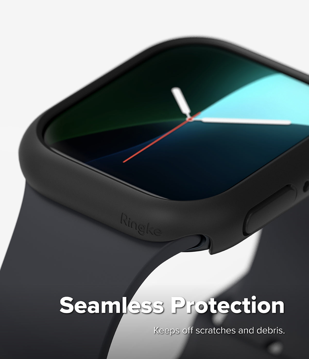 Apple Watch 12 42mm | Slim (2P) - Close-up of a smartwatch with a matte black seamless protective case and dark gray band, shown on a light gray background with the text 'Seamless Protection' and 'Keeps off scratches and debris.'.