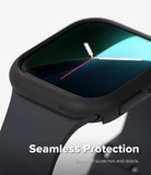 Apple Watch 12 42mm | Slim (2P) - Close-up of a smartwatch with a matte black seamless protective case and dark gray band, shown on a light gray background with the text 'Seamless Protection' and 'Keeps off scratches and debris.'.