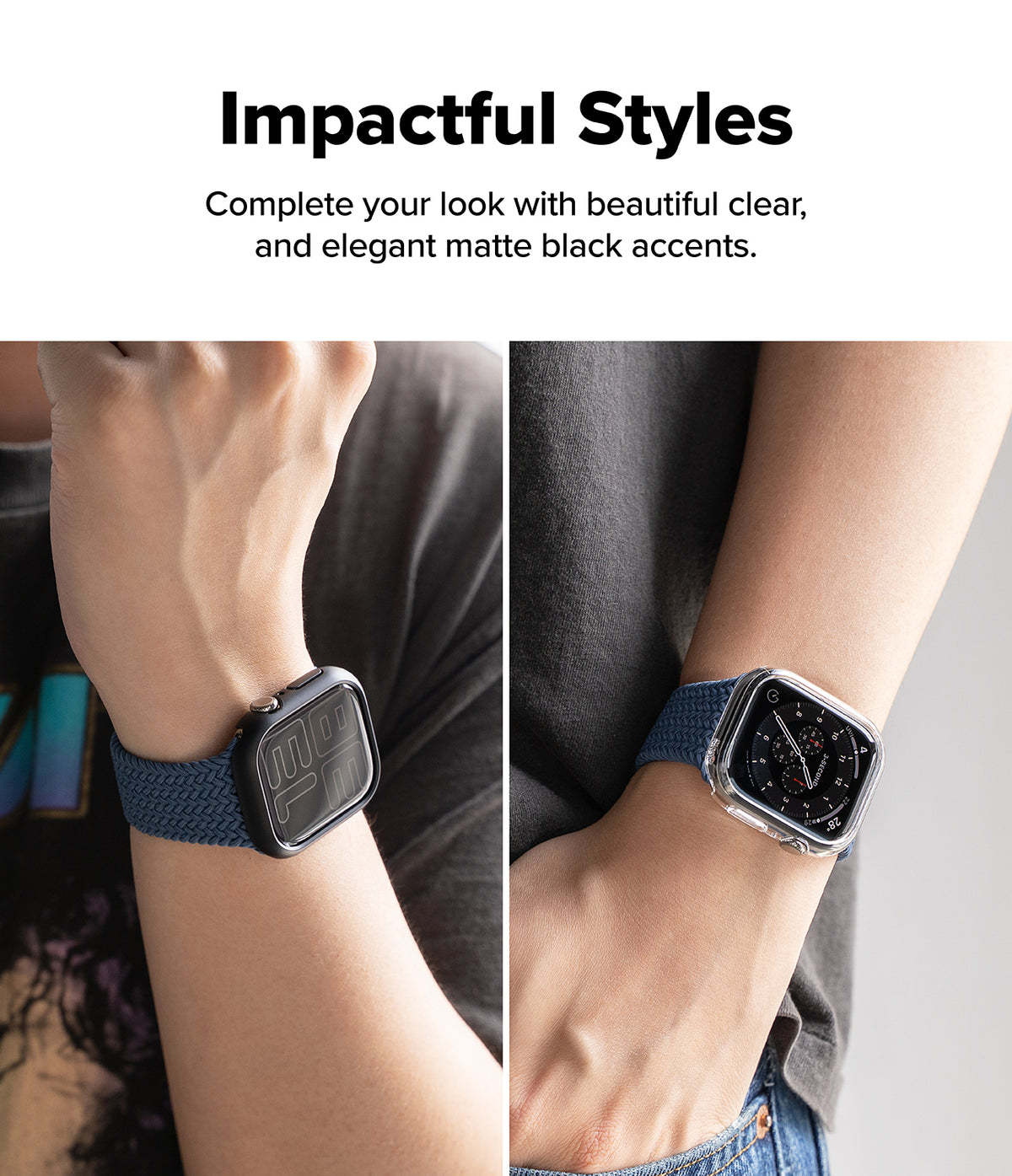 Apple Watch 12 42mm | Slim (2P) - A promotional graphic with the text 'Impactful Styles' above a split lifestyle photo showing a smartwatch with a matte black band on a person's wrist in two close-up views.