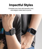 Apple Watch 12 42mm | Slim (2P) - A promotional graphic with the text 'Impactful Styles' above a split lifestyle photo showing a smartwatch with a matte black band on a person's wrist in two close-up views.