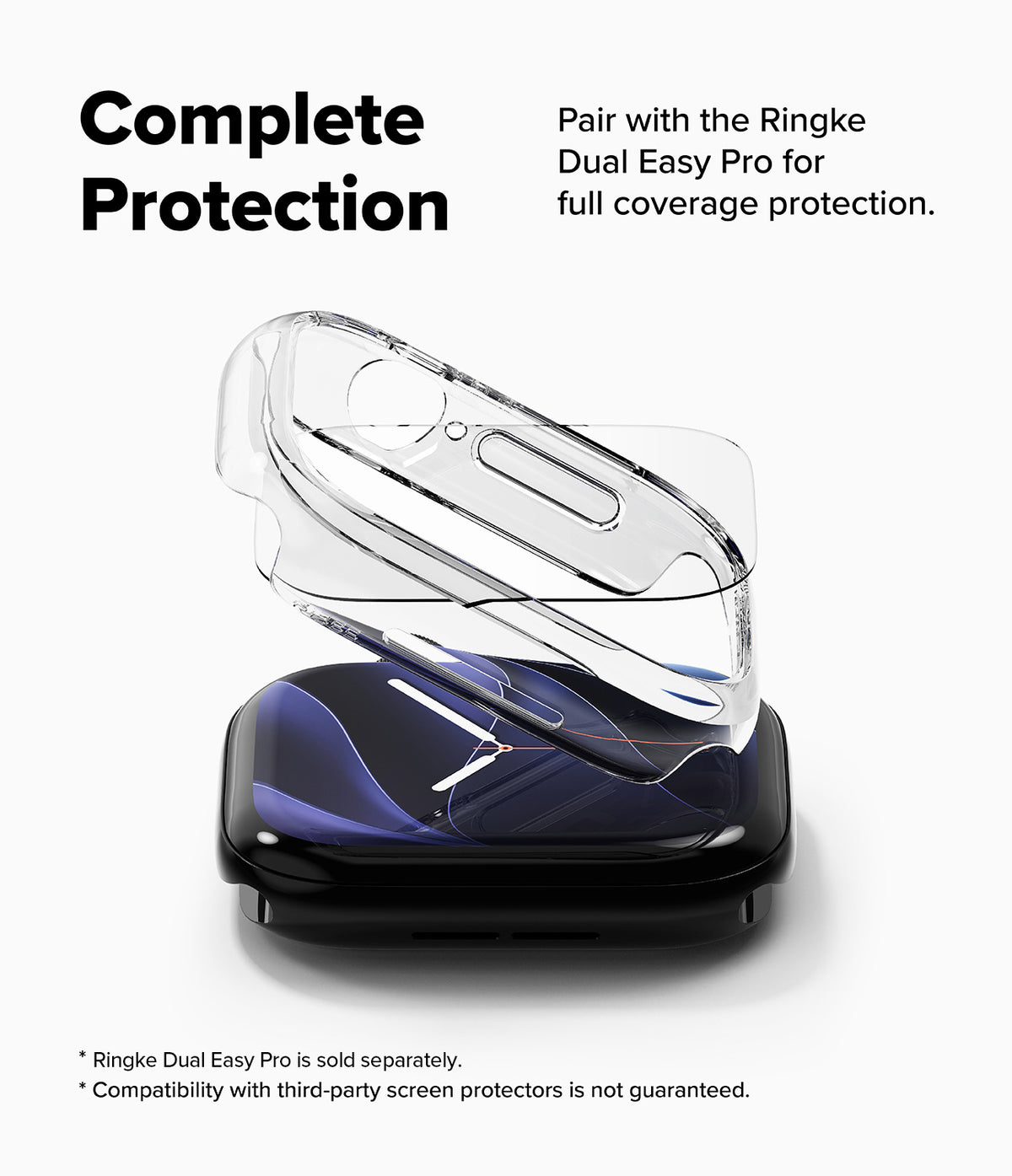 Apple Watch 12 42mm | Slim (2P) - Clear protective phone case shown floating above a black smartphone on a white background, with marketing text reading 'Complete Protection' and compatibility note for Ringke Dual Easy Pro screen protectors.