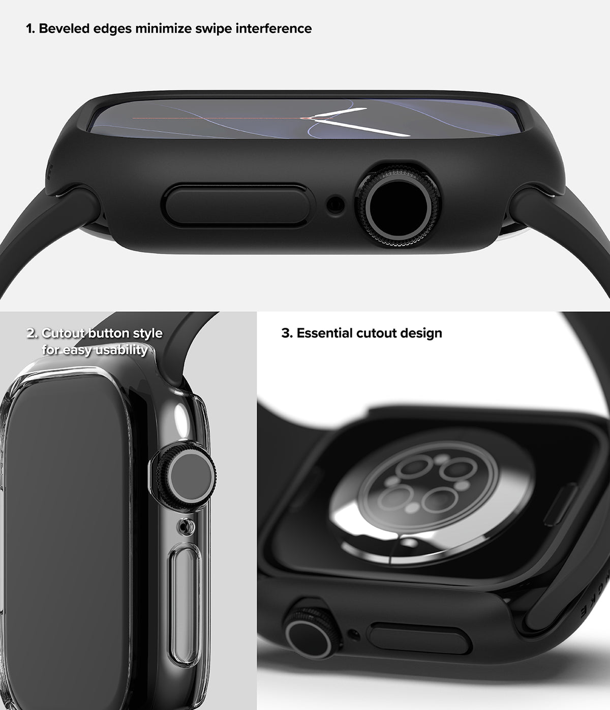 Apple Watch 12 42mm | Slim (2P) - Black protective case for an Apple Watch, shown from multiple angles with feature callouts: beveled edges minimizing swipe interference, cutout button style for sensitivity, and essential cutout design.