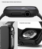 Apple Watch 12 42mm | Slim (2P) - Black protective case for an Apple Watch, shown from multiple angles with feature callouts: beveled edges minimizing swipe interference, cutout button style for sensitivity, and essential cutout design.
