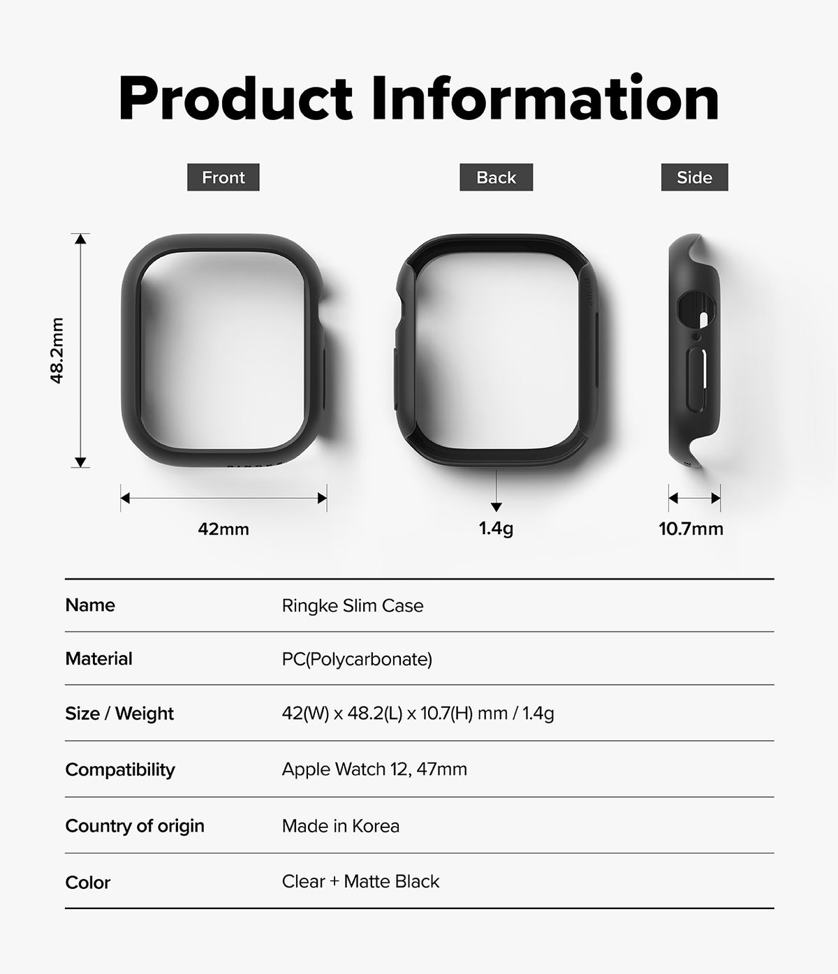 Apple Watch 12 46mm | Slim (2P) - Product information diagram for the Ringke Slim Case for Apple Watch 12, showing front, back, and side views with dimensions, weight (1.2g), and a table listing material as PC and color as Clear + Matte Black.