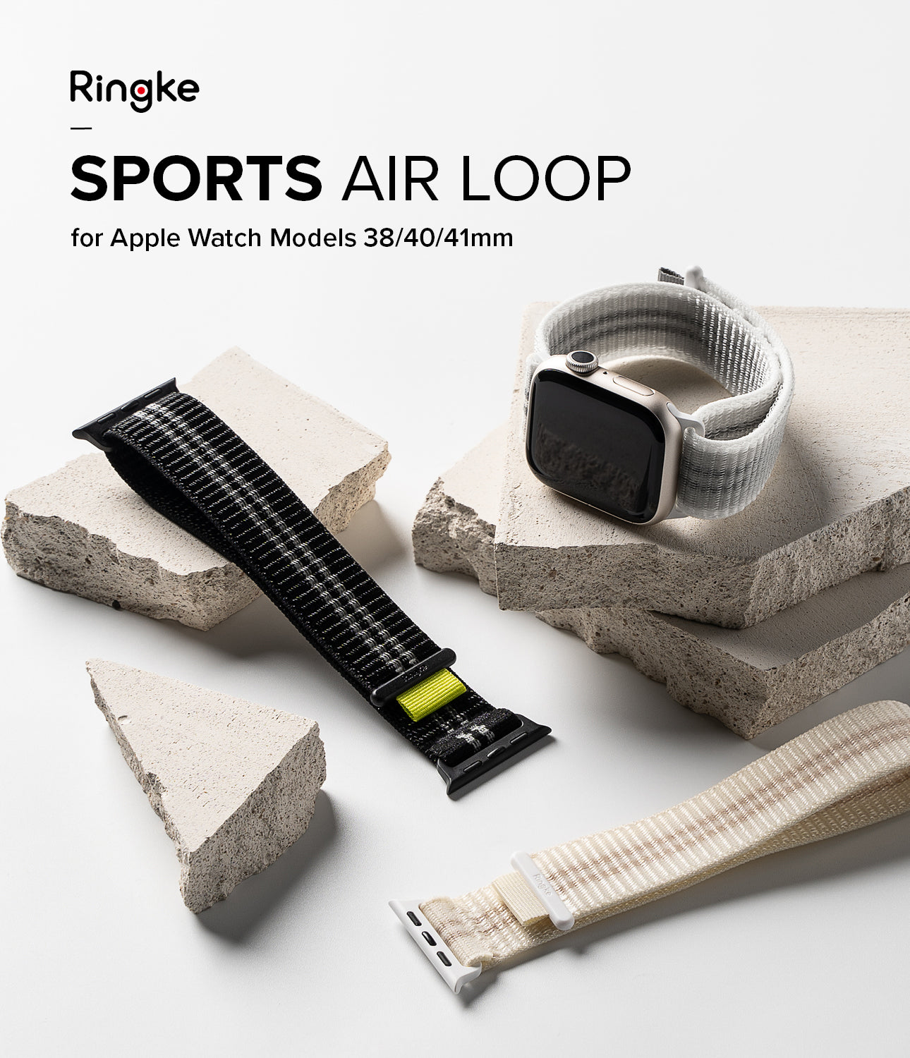Apple Watch 41mm / 40mm / 38mm | Sports Air Loop Watch Band Black, Cream, White - Cooling sports watchband with the hook and loop fastener