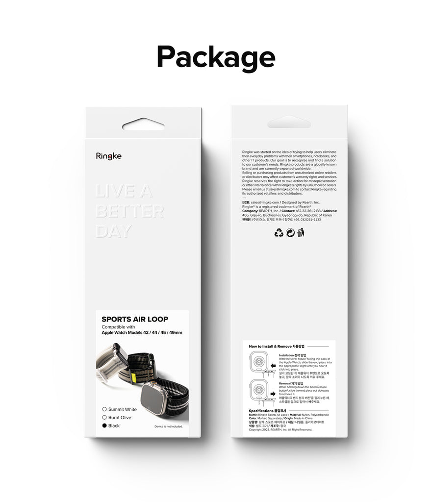 Apple Watch 49mm / 45mm / 44mm / 42mm | Sports Air Loop Watch Band Black, Olive, White - Cooling sports watchband with the hook and loop fastener