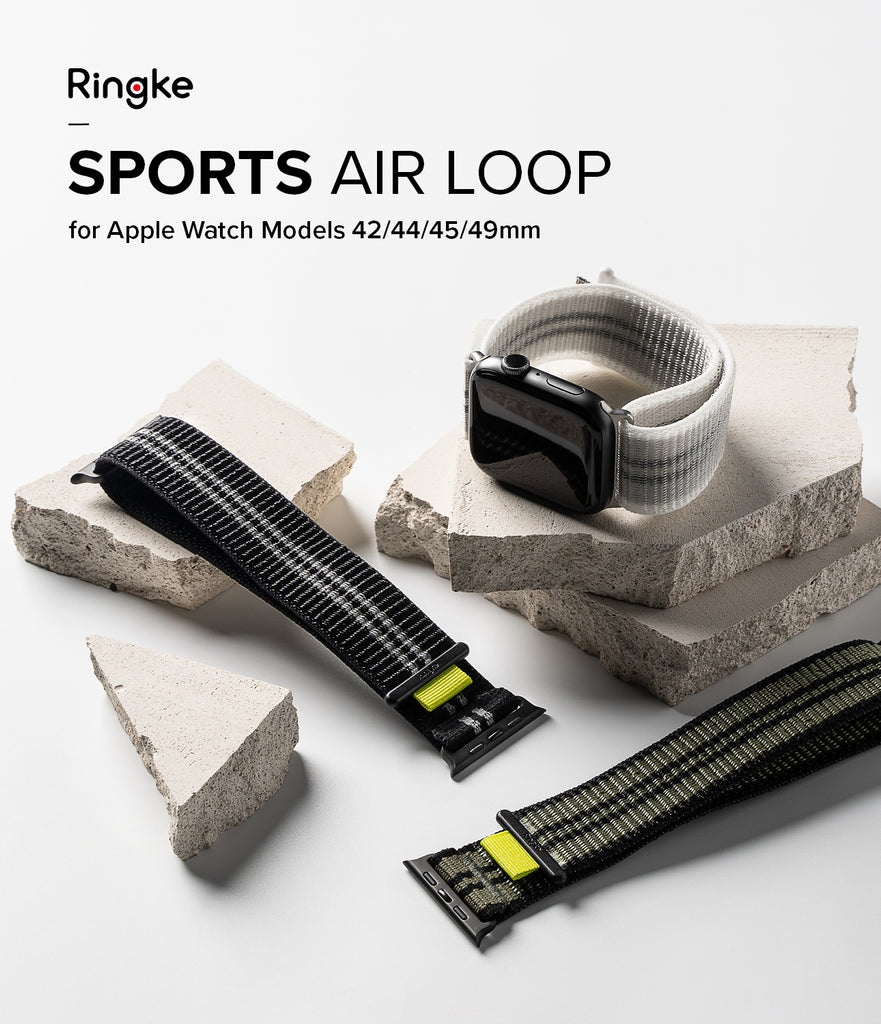 Apple Watch 49mm / 45mm / 44mm / 42mm | Sports Air Loop Watch Band Black, Olive, White - Cooling sports watchband with the hook and loop fastener