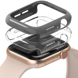 Apple Watch Series 6 / 5 / 4 / SE  (44mm) Case | Slim (2 Pack) - Apple Watch Series 6 / 5 / 4 / SE (44mm) Case | Slim (2 Pack) - Two stacked protective cases, one gray and one clear, hovering above a gold Apple Watch.