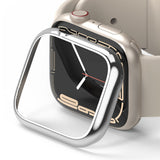 Apple Watch 9 / 8 / 7 (41mm) | Bezel Styling - A silver metallic bezel cover hovering over an Apple Watch face.
