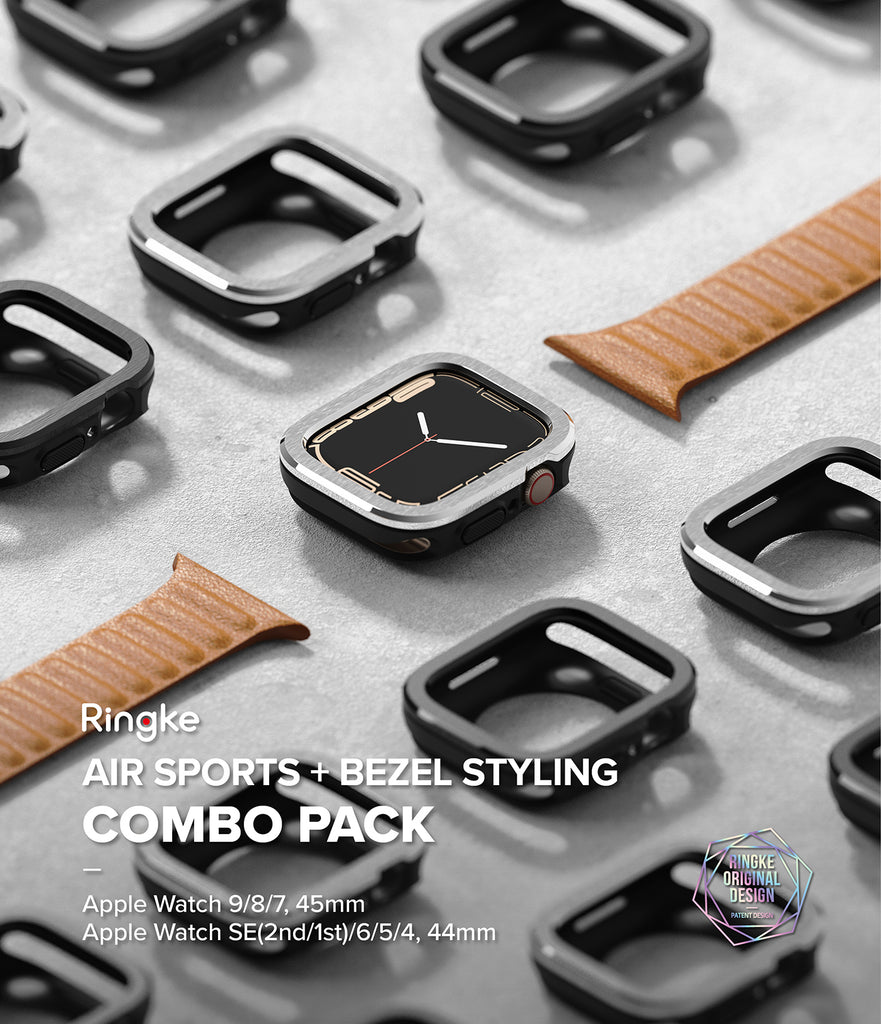 Apple Watch Series (45mm / 44mm) | Air Sports (Black) + Bezel Styling 30 (Silver)-By Ringke