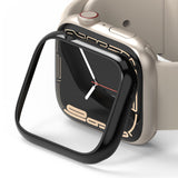 Apple Watch 9 / 8 / 7 (41mm) | Bezel Styling - A black protective bezel frame hovering above a beige Apple Watch.
