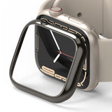 Apple Watch 9 / 8 / 7 (41mm) | Bezel Styling - A black protective bezel frame hovering above a light-colored Apple Watch.