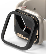 Apple Watch 9 / 8 / 7 (41mm) | Bezel Styling Premium - Brushed black metal bezel frame hovering over a gold Apple Watch.