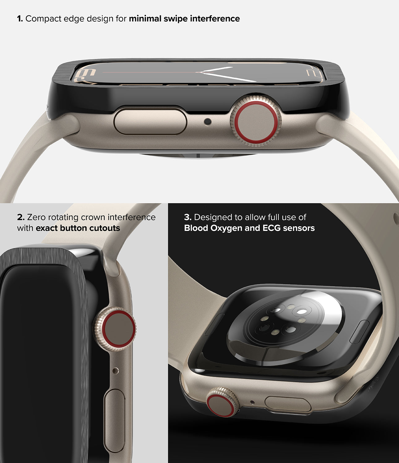 Apple Watch Series (45mm) | Bezel Styling 45-51 | Hairline Black (Plain Pattern)-Minimal Swipe Interference. Exact Button Cutouts. Blood Oxygen and ECG Sensors.
